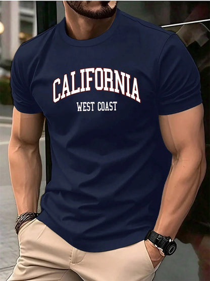 100% pure cotton summer men's casual loose California letter printed sports breathable short sleeved round neck T-shirt