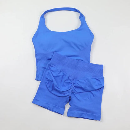 Seamless Yoga Set Womens Backless Halter Tank Top Ribbed Waist Gym Shorts 2 Piece Sets Women Outfit Workout Clothes