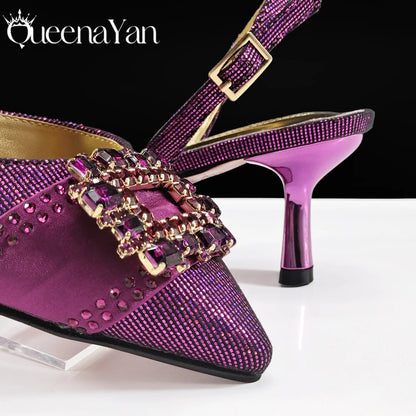 Elegant Noble Party Wedding Shoes And Bag Pointed Toe Decorated With Rhinestone Women Heel Shoes