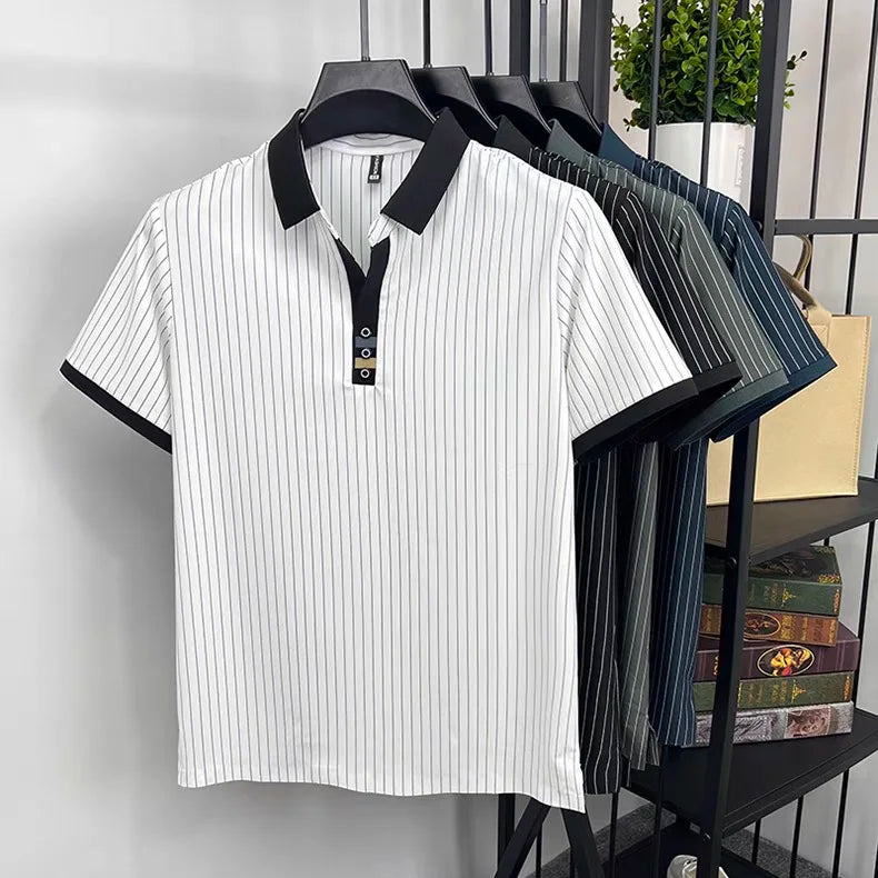 Brand striped design men's short sleeve fashionable polo shirt 2024 summer new cool and breathable casual lapel golf T-shirt