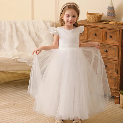 Summer Girl Flower Birthday Tulle Dress Backless Bow Wedding Gown Piano Kids Party Wear Princess Dress Baby Girl Bowknot Dresses