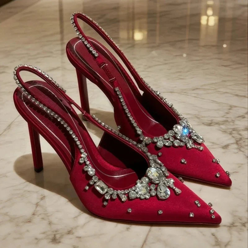 Luxury Diamonds Designer High Heels Women Satin Pointy Toe Pumps Rhinestone Sandals Female Shiny Sexy Wedding Dress Party Shoes