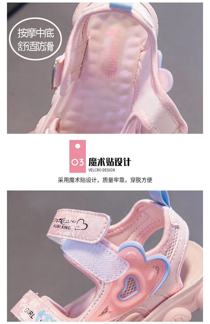 2026 New Summer Girls Sports Sandals Love Heart Decor Soft Non-Slip Beach Sandals For 3-12 Years Old Kids