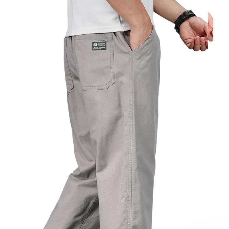 Men's 100% Cotton Cargo Pants Business Relaxed Fit Long Trousers Men Elastic Waist Drawstring Sweatpants Autumn Men Jogger Pants
