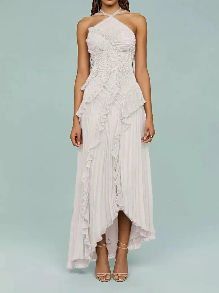 Ruffle ruffles design thin mid-length dress temperament fashion irregular halter women's dress 2025 summer new