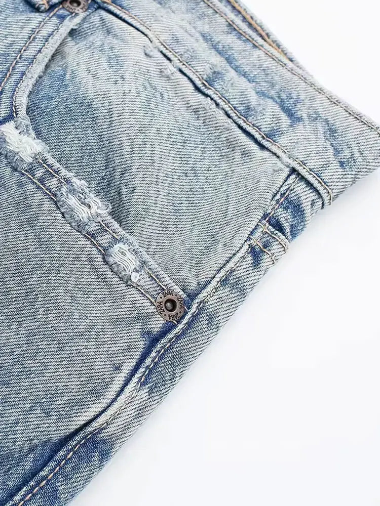 Women's Street Fashion Denim Blue Jeans Distressed Patchwork High Waist Zipper Fly Ripped Retro Long Pants