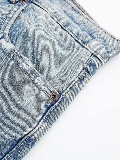 Women's Street Fashion Denim Blue Jeans Distressed Patchwork High Waist Zipper Fly Ripped Retro Long Pants