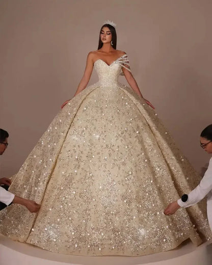 Customized Sweetheart Neck One Shoulde Ball Gown Wedding Dresses Bridal Gown Beaded Sweep Vestidos De Novia
