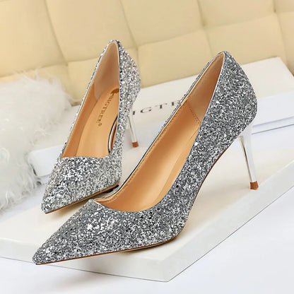Women 7cm 9.5cm High Heels Pumps Wedding Bridal Scarpins Sparkly Mid Heels Lady Party Sequins Glitter Evening Gold Silver Shoes