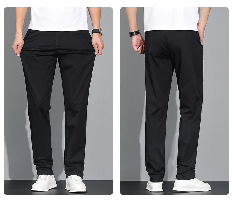 New Men's Business Cotton Thin Straight Pants Casual Elastic Slim Comfortable Male Brand Trousers Black Gray Khaki Royal Blue