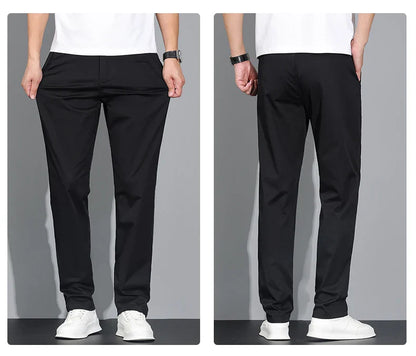 New Men's Business Cotton Thin Straight Pants Casual Elastic Slim Comfortable Male Brand Trousers Black Gray Khaki Royal Blue