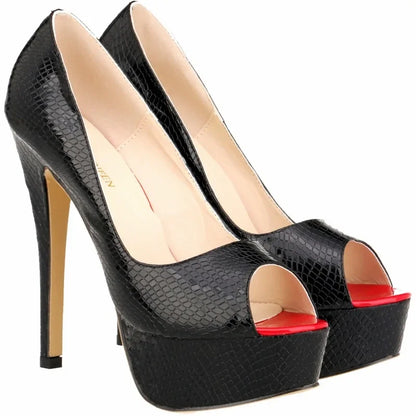 Women Sandals Sexy Pumps Patent Leather Platform Crocodile Pattern 14cm High Heels Peep Toe Stilettos Party Dress Wedding Shoes