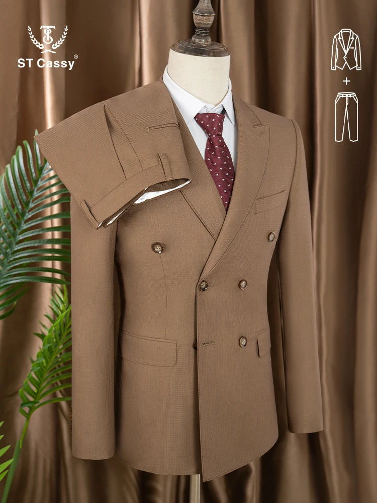 Elegant brown Double Breasted Suit Set 2 Piece Business Wedding Outfit Classic Stylish Blazer Pants Modern Trendy