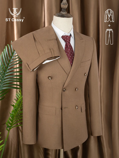 Elegant brown Double Breasted Suit Set 2 Piece Business Wedding Outfit Classic Stylish Blazer Pants Modern Trendy