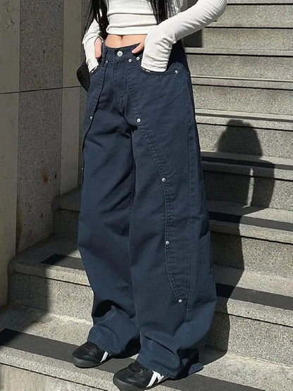 Jeans for Woman Y2k Clothes Relaxed Loose Fit Wide Leg Trousers Vintage American Retro Style with Rivet Patchwork Split Design