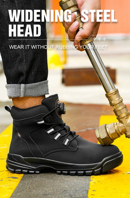 Leather Non Slip Work Boots for Men Rotating Button Safety Shoes Steel Toe Sneaker Male Puncture Proof Protective Boots