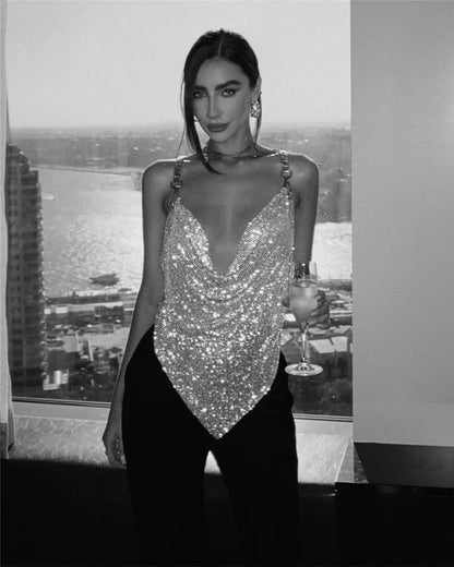 Shiny Rhinestone V Neck Tank Top 2025 Sexy Backless Metal Chain Spaghetti Straps Sling Camisole Women Nightclub Party Crop Top