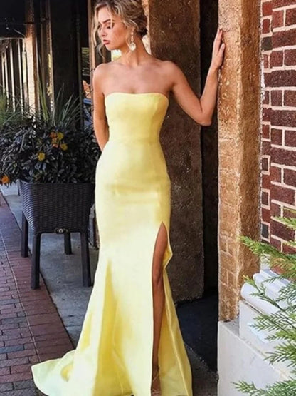 Women's Sleeveless Mermaid High Slit Backless Long Prom Gowns Strapless Floor Length Satin Evening Maxi Dresses