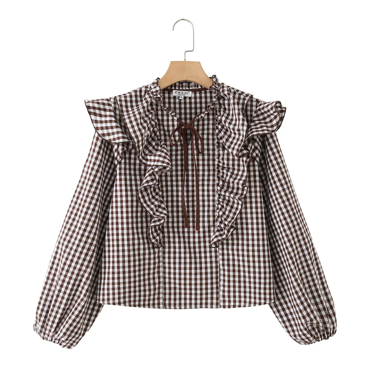 Women's Cotton Gingham Cropped Ruffle Tie Neck Blouse Spring Autumn 2026 Chic Modern Long Sleeve Shirt Tops for Woman