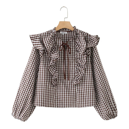 Women's Cotton Gingham Cropped Ruffle Tie Neck Blouse Spring Autumn 2026 Chic Modern Long Sleeve Shirt Tops for Woman