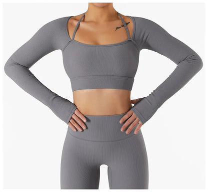 Women Yoga Set Gym Clothing Tracksuit Long Sleeve Crop Top One Shoulder Bra High Waist Seamless Leggings Fitness Sports Suits