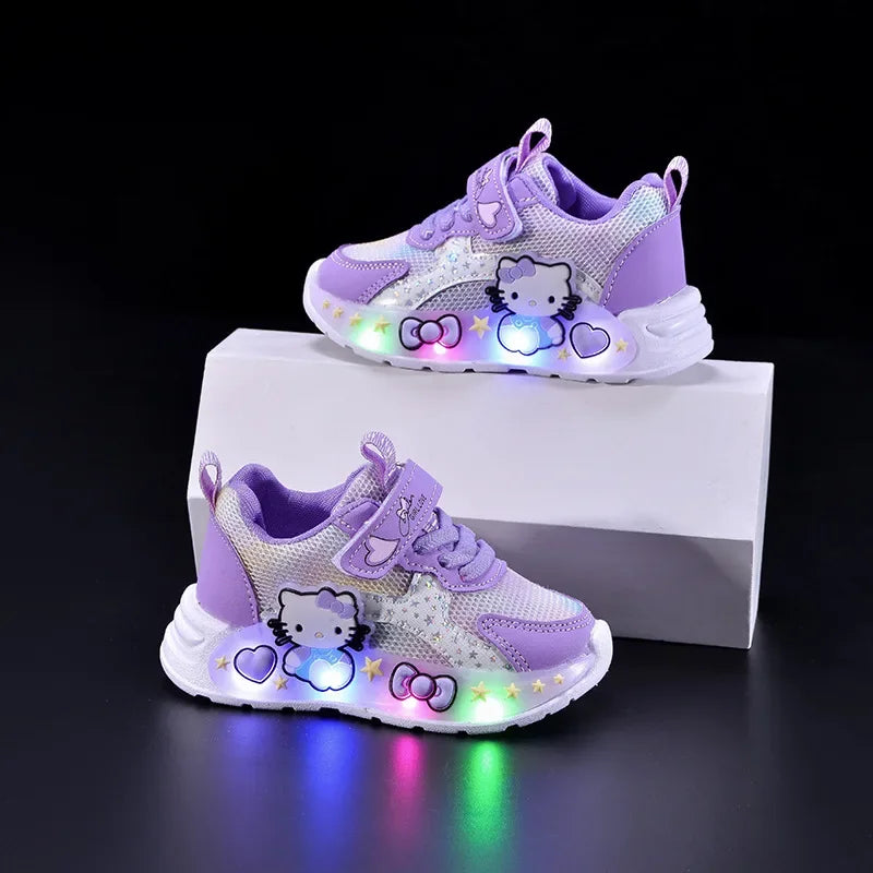 Kids'Casual Shoes Girls Led Light Cartoon PU Leather Fashion Sport Flat Bottom Shoes Breathable White Pink Size 21-30