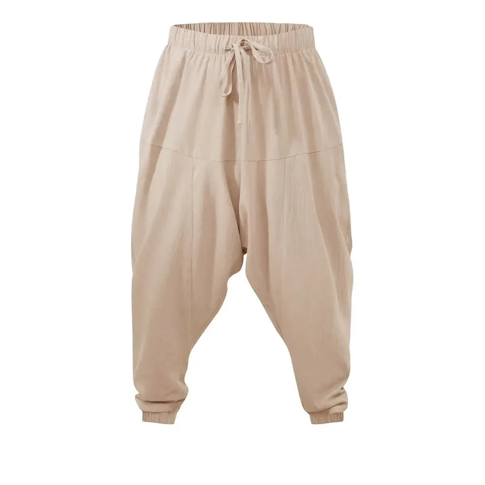 Harem Pants for Men Cotton Linen Drop Crotch Cozy Streetwear Loose Fit Breathable Lightweight Long Pants Male Joggers
