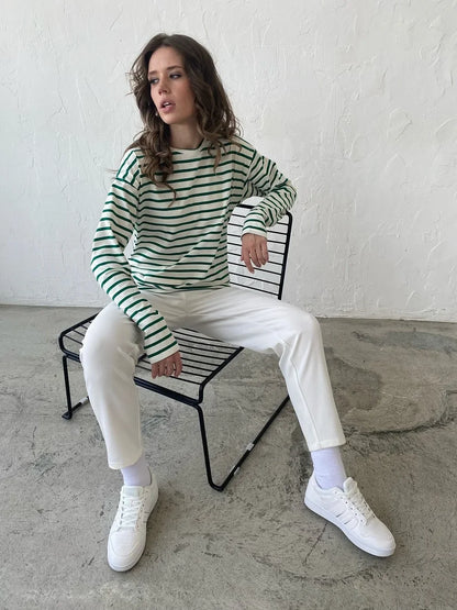 2025 Summer Long Sleeve Striped T-Shirts Women Basic Casual Tops Female Cozy Loose Cotton Tees Harajuku T Shirt New