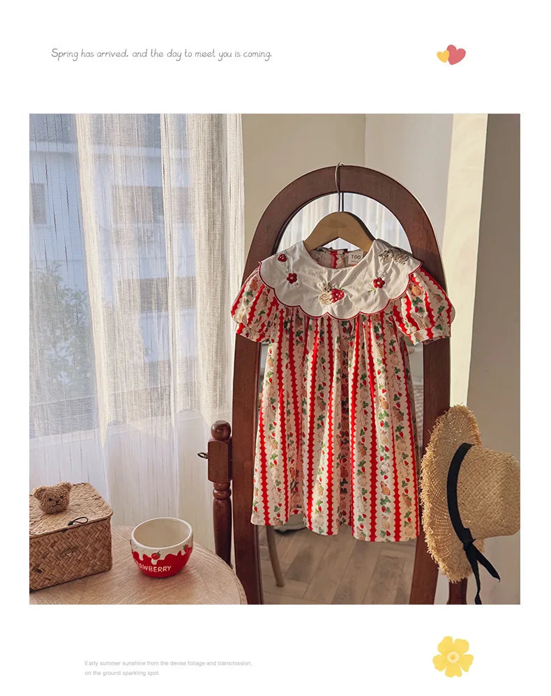 Kid Girl Adorable Short Sleeve Dress Red White Vertical Stripes Bunny Strawberry Print Peter Pan Collar Skirt for Children