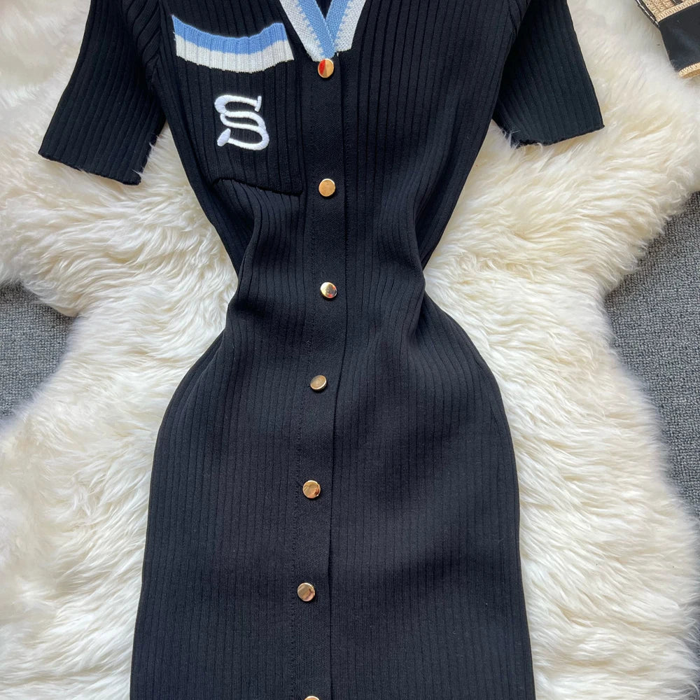 Fashion Summer Knitted Dress Women 2025 New Y2K Embroidery Long Bodycon Sweater Dress Streetwear Lady Vestidos