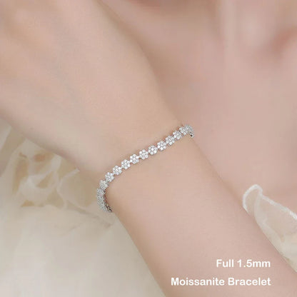 Flower Full 1.5mm D Color Moissanite Diamond Tennis Bracelet for Women 925 Silver GRA Certified Bridal Wedding Bangle Gift