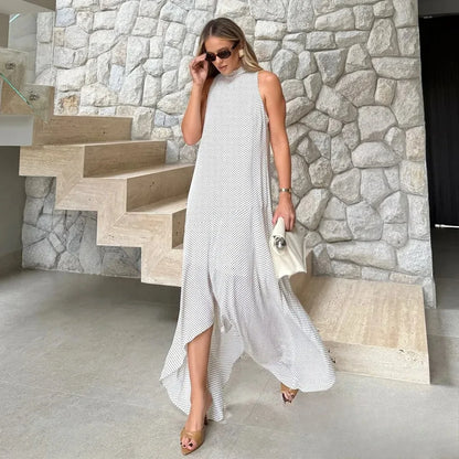 Halter Scarf Dot Print Dress Women Sleeveless Backless Chiffon Holiday Dress Fashion 2025 Summer Loose Beach Dress