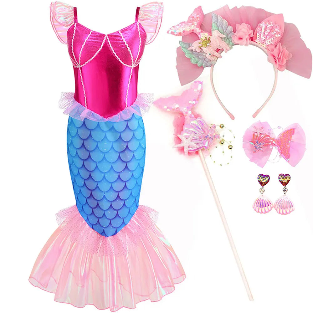 Blue Red Purple Three Colors Mermaid Flying Sleeve Fishtail Beautiful Dress For Girl Summer Beach Party Cool Swimsuit Set