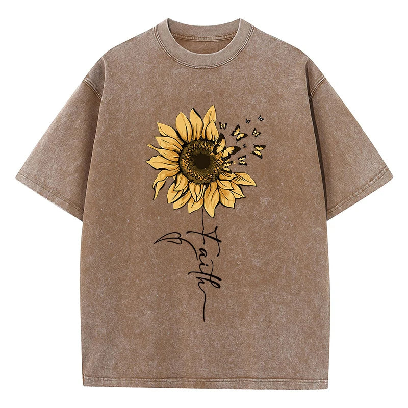 Sunflower And Butterfly Cotton Washed T-Shirt Women Prints Tops Summer O-Neck Oversized T Shirts Vintage Black Woman Clothes