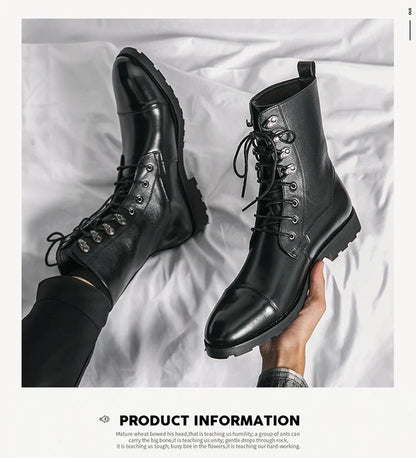 Men Lace Up High-top Boots Fashionable Outdoor Black Combat Boots