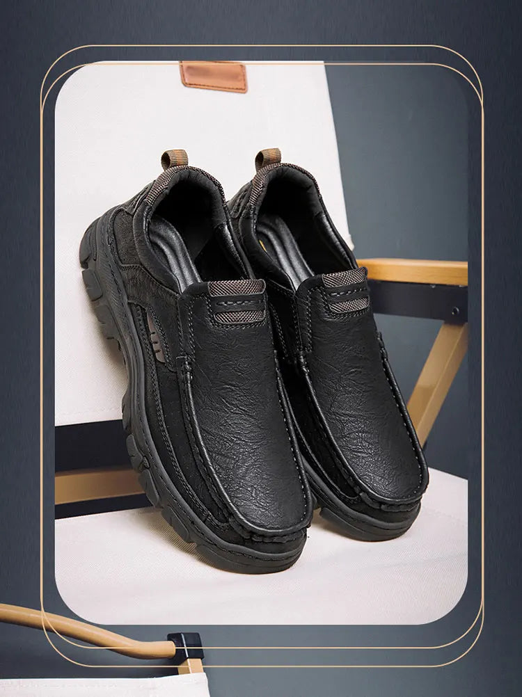 Men's Casual Loafers Handmade Breathable Leather Shoes with Thick Rubber Sole Comfortable Footwear Classic Hand Sewn Seams