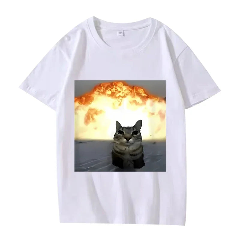 Whimsical Cat Explosion Graphic T Shirt Women Funny Short Sleeve Summer Print Women Tops Funny Cat Meme Women Clothes