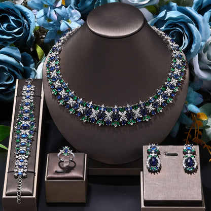 New Luxury Green Blue CZ Crystal Turquoise Earrings Necklace 4PCS Wedding Bridal Jewelry Set for Party