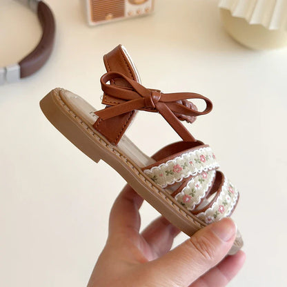 Summer Girl's Sandals Braided Flower Classic Trendy Vintage Kids Sliders Beige Brown Open Toe Holiday Pu Leather Children Shoes