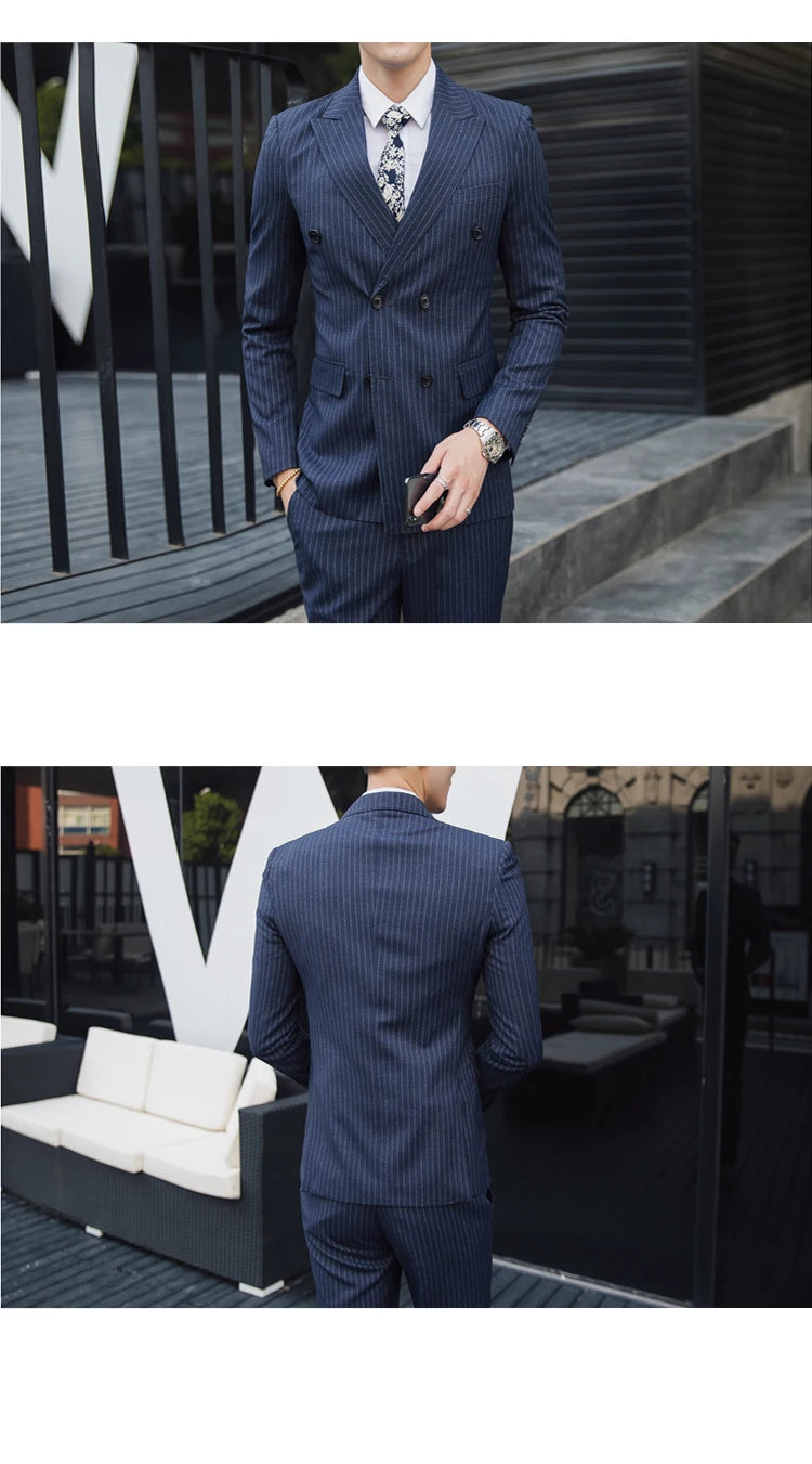 S-5XL ( Blazer + Pants ) Men's High-end Brand Formal Double Breasted Suit Gray 2 Piece Set Wedding Dress Plaid Suit Groom Party
