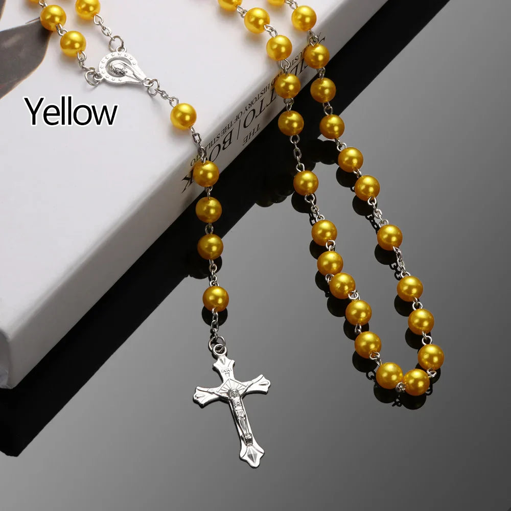Fashion Vintage Cross Necklace Rosary Beads Chain Jesus Crucifix Virgin Mary Pendant Chain Jewelry Necklace