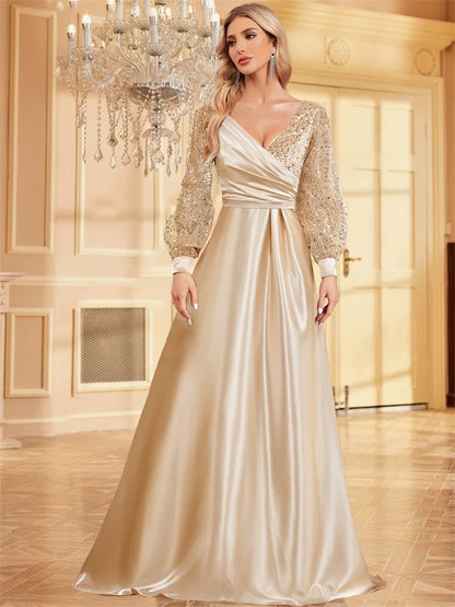 Luxury Blue V-Neck SequinS Evening Dress 2025 Elegant Women Party Maxi Dress Long Sleeve Cocktail Dress Prom Graduation Gowns