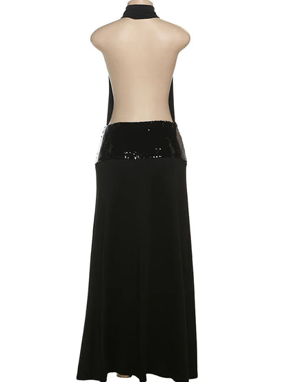 Backless Fashion Dresses Elegant Halter Patchwork Draped Maxi Bodycon Female Solid Simple Evening Party Frock New