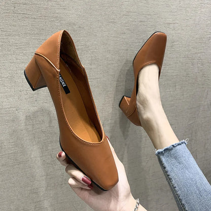 Shallow Mouth with Follow-up Shoes 2024 New Simple Solid Color Middle Heel Square Toe Daily Work Single Shoe Zapatos De Mujer