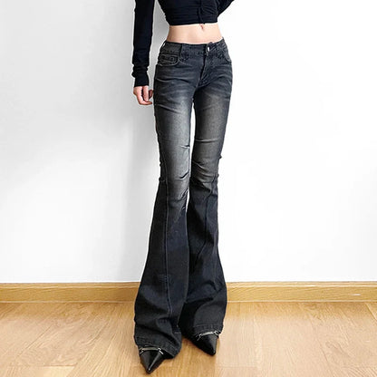 Folds y2k Flare Jeans Vintage Low Rise Denim Trousers Aesthetic Streetwear Distressed Mom Jeans Women Casual Skinny Pants