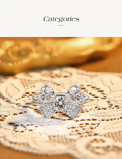 S925 Silver Heart Cut Bow Ring Full Moissanite Rings for Women Elegant Romantic Wedding Engagement Party Jewelry Gifts