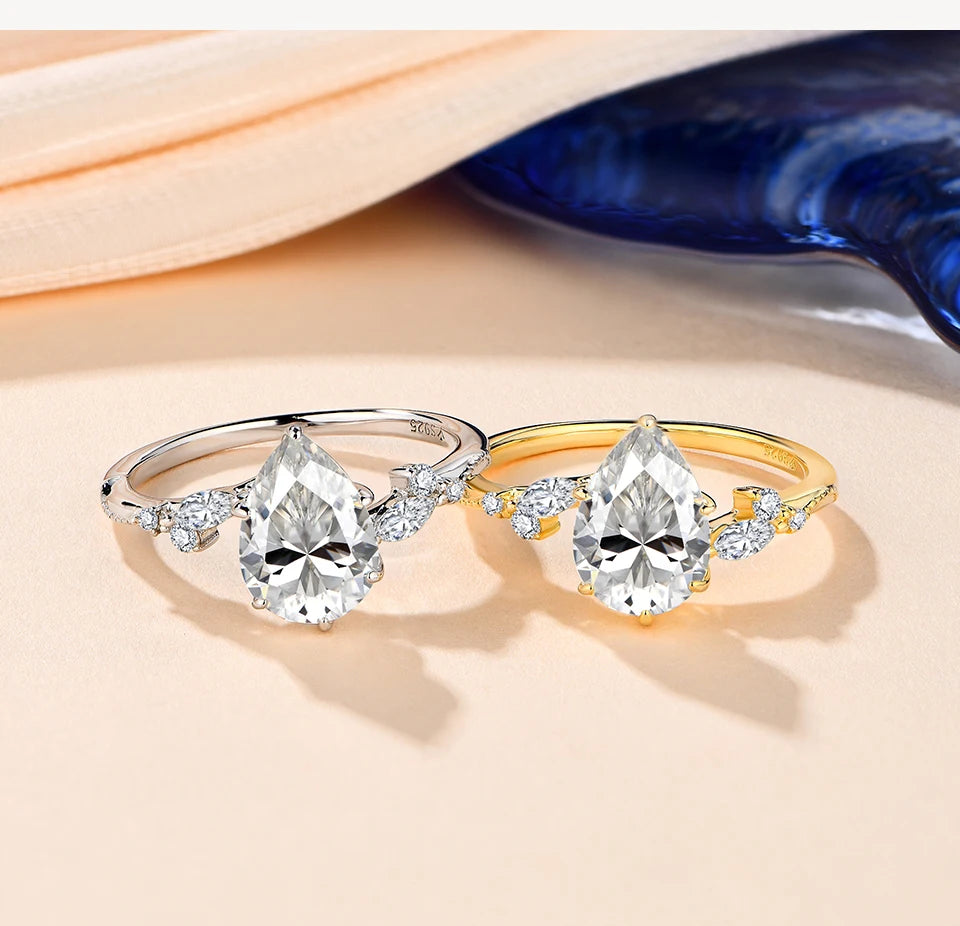 Full Moissanite Ring 7*10mm 2.0CT DVVS1 Pear Shape S925 Sterling Silver For Women Engagement Bride Vintage Jewelry Gift