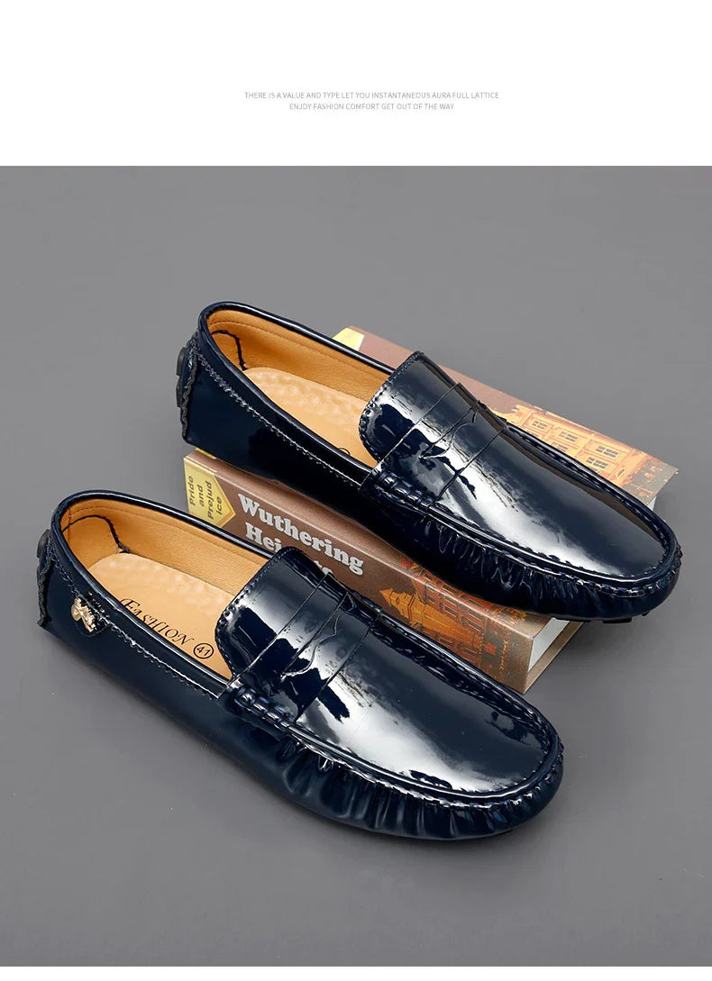 Patent Leather Beanie Shoes Men's New Spring and Summer Large Size Patent Leather Casual British Leather Shoes Women's Slip-On Lazy Casual Shoes Handmade Shoes