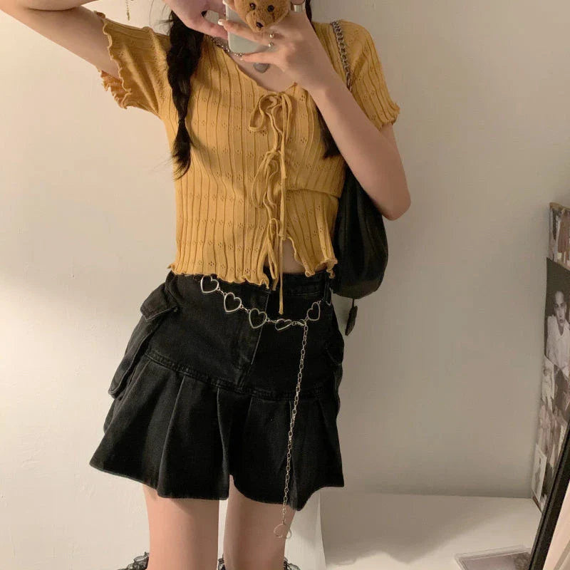 TShirt For Women V-neck Summer Simple Versatile Casual Crop Tops Bandage Ribbed Short Sleeve Women's Top T-Shirt Girl