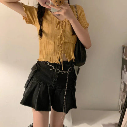 TShirt For Women V-neck Summer Simple Versatile Casual Crop Tops Bandage Ribbed Short Sleeve Women's Top T-Shirt Girl